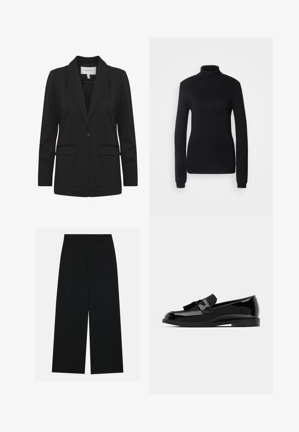 Juodas švarkas iš lygaus audinio, turintis išpjautą atvartą, užsegimą su viena saga, dvi priekines kišenes ir ilgomis rankovėmis.; Juodas golfas, pagamintas iš minkštos megztos medžiagos, su ilgomis rankovėmis ir prigludusia siluete, turintis gyslotą apykaklę ir apatinę kraštą.; Platus juodos kelnės, pagamintos iš lygios medžiagos. Turintis plokščią liemens juostą su dirželių kilpomis ir be matomų kišenių. Paprastas dizainas.; Juodi lakiniai odiniai loaf'eriai su plokščiu kulnu, turintys kutą ir lygų paviršių, suapvalintu smailumi ir švelniu siuvimu.