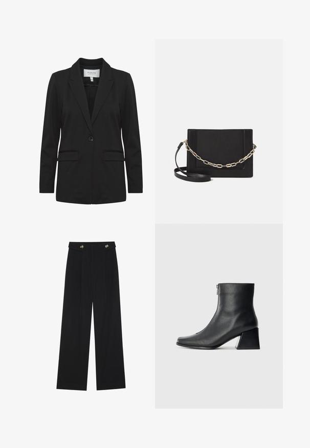 Blazer nero realizzato in tessuto liscio, con rever a gomito, chiusura a singolo bottone, due tasche frontali e maniche lunghe.; Due camicie a maniche lunghe nere con design a V, realizzate in tessuto morbido e elasticizzato, che mostrano una superficie liscia e una forma aderente.; Pantaloni neri a gamba larga con vita alta, dettagli con bottoni in vita e pieghe frontali.; Stivaletto in pelle nera con punta quadrata, cerniera laterale e tacco squadrato su sfondo chiaro uniforme.; Borsa a tracolla nera in pelle con una texture liscia, forma rettangolare e dettaglio in catena metallica sul davanti. Inclusa una tracolla regolabile.