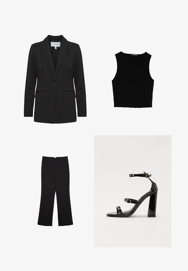 Sort blazer i glat stof med reverskrave, enkelt knaplukning, to frontlommer og lange ærmer.; Sort ærmeløs crop top lavet af glat stof, med rund hals og et rent, enkelt design uden mønstre eller hardware.; Sorte bukser med lige pasform, der har frontlommer og slidser i kanten. Lavet af blødt, glat stof. Velegnet til forskellige anledninger.; Sorte patenterede hælsandaler med firkantet tå, ankelremme og sølvspænder. Har en chunky blokHæl for stabilitet.