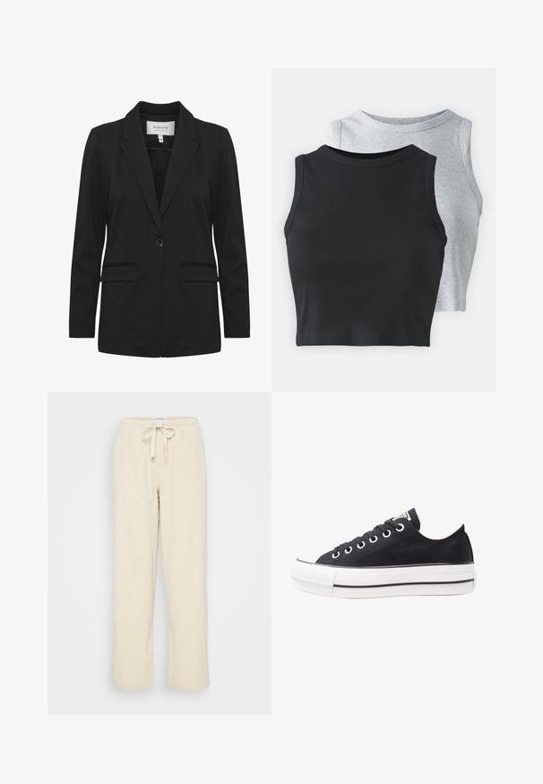 Musta bleiseri, joka on valmistettu sileästä kankaasta, jossa on lovellinen kaulus, yksinkertainen napitus, kaksi etutaskua ja pitkät hihat.; Even&Odd Petite 2 PACK - Toppi - light grey/black; Even&Odd Petite Housut - beige; Musta kangaskengät valkoisella kumipohjalla, pyöreällä kärjellä, matalalla designilla, metalliset rei'itykset ja teksturoidut kärjet. Ohut musta raita pohjan reunassa.