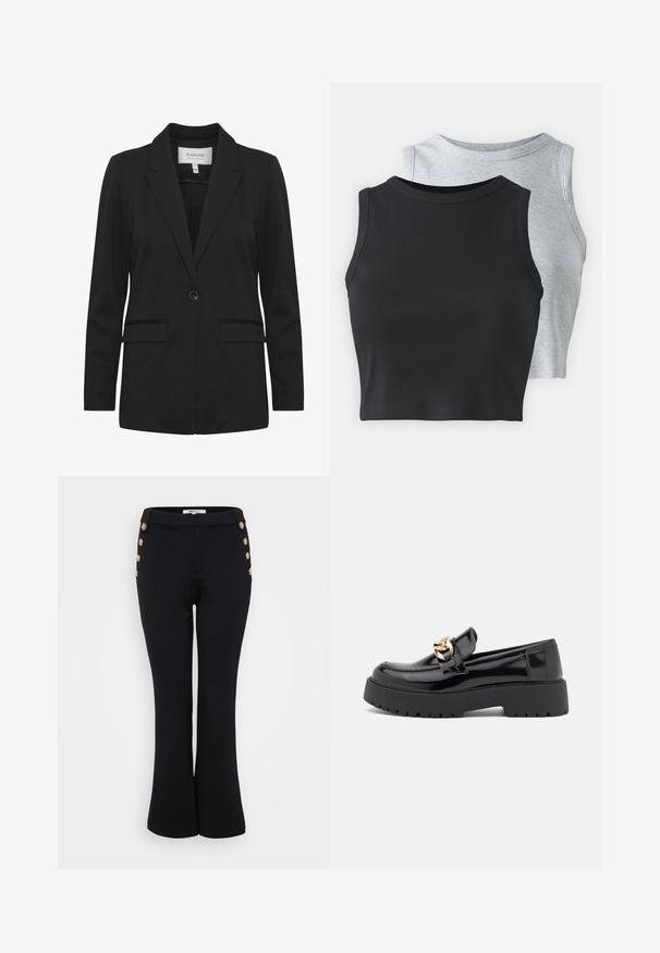 Black blazer made of smooth fabric, featuring a notched lapel, single-button closure, two front pockets, and long sleeves.; Even&Odd Petite 2 PACK - Top - light grey/black; Black flared trousers made from smooth fabric, featuring gold button accents along the waist for detail and a fitted silhouette.; Black patent leather loafers with a chunky black sole and gold hardware detailing. Smooth texture and rounded toe design.