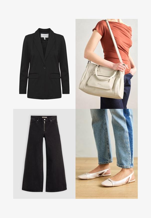 Juodas švarkas iš lygaus audinio, turintis išpjautą atvartą, užsegimą su viena saga, dvi priekines kišenes ir ilgomis rankovėmis.; Balta trumpa rankovė T-marškiniai, pagaminti iš minkštos medvilnės. Charakterizuojami apvali kaklo iškirpte ir laisvu siluetu. Švarus dizainas be matomų raštų ar akcentų.; Plačios kojų džinsai iš juodo džinsinio audinio su užtrauktuku priekyje, penkių kišenių dizainu ir subtiliais siuvinėjimo akcentais. Lygus paviršius ir laisvalaikio stilius.; Šviesiai rožiniai slingback baleto bateliai su smailiu pirštu, pagaminti iš lygios odai panašios medžiagos. Yra išpjovimų detalės šonuose ir plokščias kulnas.; Balta odinė rankinė su dviem rankenomis ir nuimama petneša, turinti priekinį užtrauktuką ir lygų paviršių. Nešama ant žmogaus rankos.