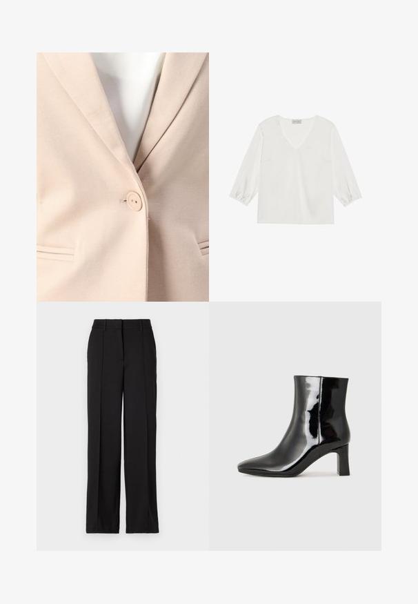 Beige blazer med en enda knappstängning, slagkragar och två framfickor med subtila sömdetaljer. Slät textur.; Vit blus med långa ärmar som har en djup V-ringning, mjukt satinliknande material och volang ärmslut för en avslappnad passform.; Svarta byxor med rak bendesign, som har två framfickor, en midjeband och inga synliga fickor eller dekorationer.; Svart lackläder ankelboot med spetsig tå och en medelhög klack. Slät textur och minimalistisk design.