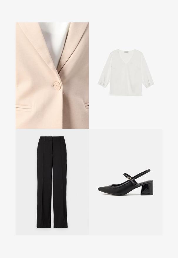 Beige Blazer mit einem einzelnen Knopfverschluss, Reverskragen und zwei Vordertaschen mit subtilen Stickdetails. Glatte Textur.; Weiße Bluse mit langen Ärmeln, die einen tiefen V-Ausschnitt, einen weichen, satinartigen Stoff und geraffte Ärmelsäume für eine lässige Passform aufweist.; Schwarze Hose mit geradem Bein, ausgestattet mit zwei vorderen Falten, einem Bund und ohne sichtbare Taschen oder Verzierungen.; Schwarze Lackleder-Slingback-Absätze mit spitzer Zehenform, einem runden Ausschnitt-Design und einem Blockabsatz. Mit einem goldfarbenen Schnallenakzent.