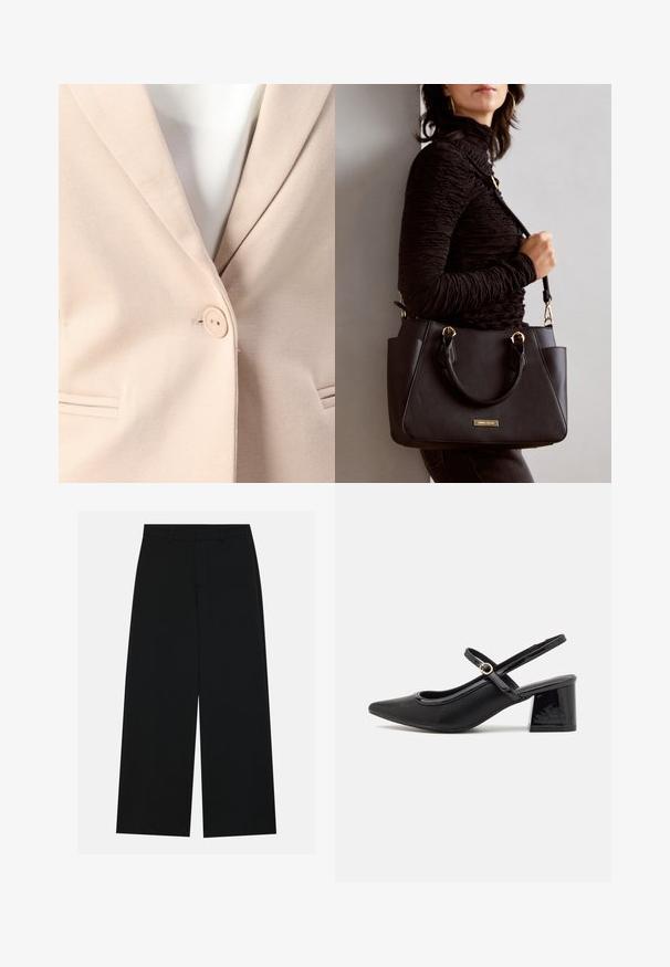 Beige blazer featuring a single button closure, notch lapels, and two front pockets with subtle stitching details. Smooth texture.; Navy and white striped long-sleeve top with a boat neckline and gold-button accents on rolled sleeves. Soft fabric, relaxed fit.; Wide-leg black trousers made of a smooth fabric. Features a flat waistband with belt loops and no visible pockets. Simple design.; Black patent leather slingback heels with a pointed toe, a rounded cutout design, and a block heel. Features a gold-tone buckle accent.; Black handbag with textured surface, dual top handles, and adjustable shoulder strap. Features gold-tone hardware and side pockets.
