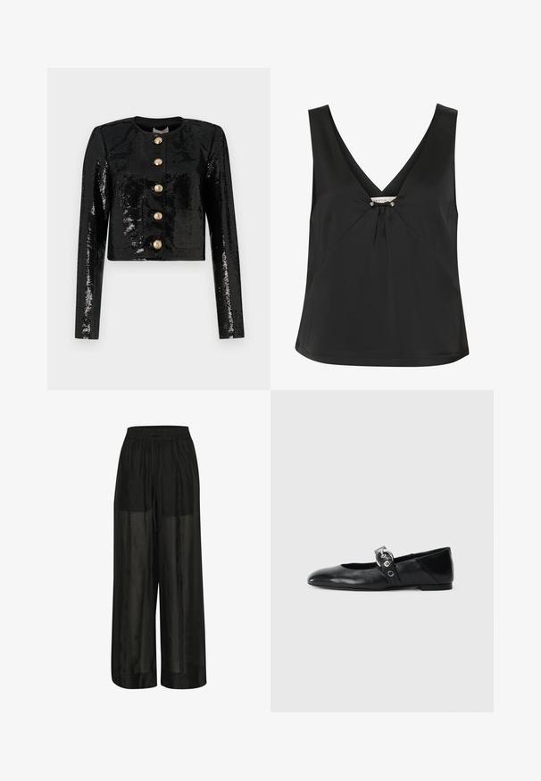 Must have sequins, pikk, must, ndideln . teev Ühesse musta vest, mis on kaetud sädelustega, on pikkade varrukatega, ümar kaelus ning ees viis kuldset nuppu.; Must mustriga must, millel on V-kaelus, dekoratiivne sõlm ja hõbedased aktsendid keskosas, valmistatud sujuvast ja elegantsetest kangast.; Mustad laiad mustad püksid, mis on valmistatud läbipaistvast kangast, elastse vöökohaga ja nööri reguleerimiseks, tagades mugava istuvuse ja sileda tekstuuri.; Mustadest nahast balleti kingad terava varbaga, millel on rihm ümmarguse metallist pandlaga ja lame tald.