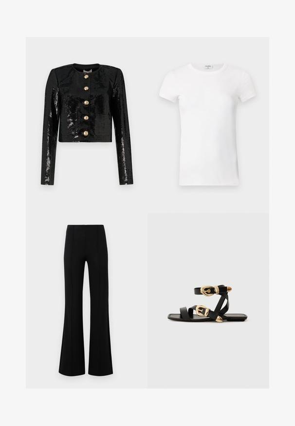 Juodas trumpas švarkas, pagamintas iš blizgučių audinio, su ilgomis rankovėmis, apvaliu kaklu ir penkiomis auksinėmis mygtukais priekyje.; Balta, raibota trumpa rankovėmis marškinėliai su apvaliu kaklu. Audinys atrodo lygus ir prigludęs. Prekės ženklo etikete matoma prie apykaklės.; Juodos plačios kelnės su aukštu liemeniu, pagamintos iš tamprios medžiagos. Priekinėje dalyje yra vertikalūs siūlų akcentai ir lygus paviršius.; Juodos odinės šlepetės su auksiniais sagtelėmis, turinčios daugybę dirželių ir plokščią padą, skirtos atviriems pirštams.