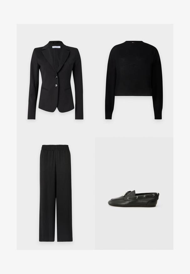 Czarna marynarka z wyciętym kołnierzem, zapięcie na dwa guziki z przodu i dwie boczne kieszenie. Dopasowany krój z gładkiego materiału i subtelnym, teksturowanym podbiciem.; Czarny, długi rękaw, krótki sweter z okrągłym dekoltem. Wykonany z lekkiego materiału o gładkiej fakturze i minimalistycznym designie.; Czarne spodnie o szerokich nogawkach z elastycznym pasem, wykonane z gładkiego, lekkiego materiału. Posiadają prosty krój i brak widocznych wzorów.; Czarne skórzane buty żeglarskie z zaokrąglonym czubkiem, sznurówką z przodu, metalowymi oczkami i płaską podeszwą. Posiadają małą metkę z tyłu.
