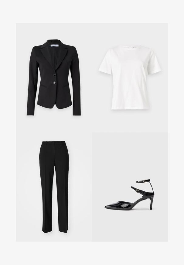 Blazer nero con colletto a punte, chiusura frontale a due bottoni e due tasche laterali. Vestibilità sartoriale con tessuto morbido e rivestimento leggermente strutturato.; T-shirt bianca in cotone con maniche corte, scollatura rotonda e vestibilità rilassata. Struttura liscia, senza motivi né accenti, design minimalista.; Pantaloni neri su misura con un design a gamba dritta, caratterizzati da una texture liscia e pieghe ben definite sul davanti. Senza hardware visibile.; Décolleté in pelle eco-patent nera con punta affilata, cinturini alla caviglia regolabili e tacco sottile. Texture liscia con una finitura lucida.