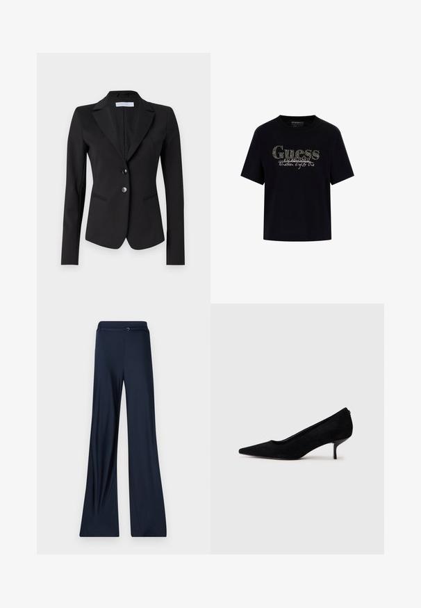 Juodas švarkas su įpjovimu, dviejų mygtukų priekyje ir dviem šoninėmis kišenėmis. Priderintas siluetas, lygus audinys ir subtili tekstūruota pamušalas.; Juodas medvilninis marškinėliai su apvaliu kaklu ir trumpomis rankovėmis. Pridėtas blizgus "Guess" logotipas ir tekstas "Įsteigta 1981 metais".; Tamsiai mėlynos plačių kojų kelnės su lygiu paviršiumi, turinčios plokščią liemens juostą ir subtilų metalinį akcentą priekyje.; Juodas zomšinis aukštakulnis batus su smailiu kojų pirštu ir plonu, žemu kulnu. Lygi tekstūra su elegantišku dizainu, be matomų metalinių detalių.