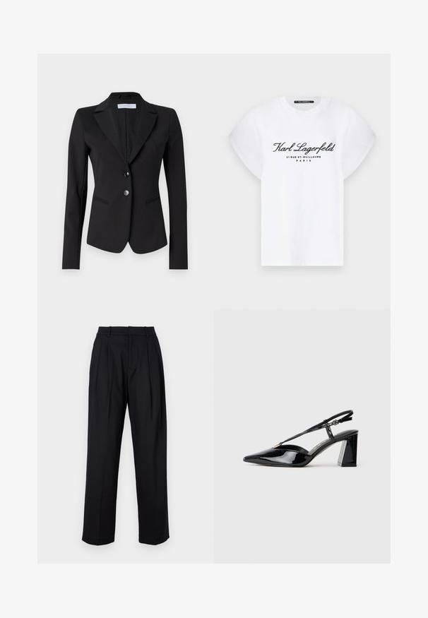 Black blazer with a notched collar, two-button front closure, and two side pockets. Tailored fit with smooth fabric and subtle textured lining.; White cotton T-shirt with short, rolled sleeves. Features black text: "Karl Lagerfeld 21 RUE ST-GUILLAUME PARIS" on the front.; Black trousers with a tailored design, featuring a high waist, pleats, and straight leg cut. Made from smooth fabric with a solid color.; Black patent leather slingback high-heeled shoes with a pointed toe, adjustable strap, and chunky rectangular heel.