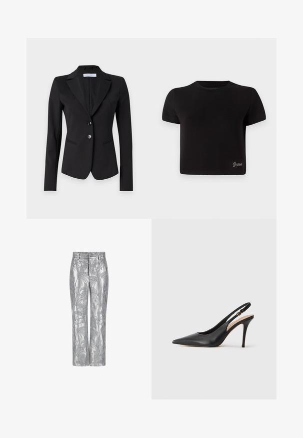 Musternäärmega must bleiser, kahekohaline esitõmblus ja kaks küljetaskut. Üksikasjalik sobivus sileda kangaga ja peene tekstuuriga vooder.; Must on mustade lühikeste varrukatega T-särk, mis on valmistatud puuvillast. Sellel on ümmargune kaelus ja väike hõbedane "Guess" logo vasakul all.; Hõbedaste tikanditega püksid, millel on lehe muster, sirge sääre disain ja sile, läikiv tekstuur. Funktsionaalsed taskud ja nööpkinnitus.; Mustaga nahast slingback kõrge kontsaga jalanõud terava toe ja sileda tekstuuriga, delikaatse rihmaga, mis on varustatud metallist säärekohaga.