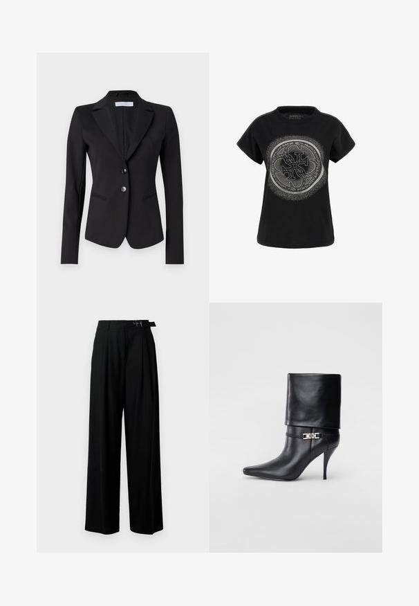 Mustat bleiseri, jossa on reunustettu kaulus, kaksinappinen etulukitus ja kaksi sivutaskua. Runsaasti muotoiltu istuvuus sileästä kankaasta ja hienovaraisesta teksturoidusta vuorista.; Lyhythihainen musta t-paita, joka on valmistettu puuvillasta. T-paidassa on pyöreä graafinen kuvio, jossa on hopeisia yksityiskohtia ja keskellä teksturoitu kuvio.; Mustat leveät housut korkealla vyötäröllä, etuosassa laskokset ja soljellinen vyö. Valmistettu sileästä ja kevyestä kankaasta.; Musta nahkasaapas nilkkapituudella, teräväkärkinen, korkea stiletto-korko, käännettävä varsi ja kultainen koristeellinen solki nilkassa.