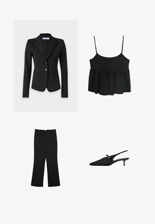 Schwarzer Blazer mit Reverskragen, zweiknöpfiger Vorderseite und zwei Seitentaschen. Taillierte Passform aus glattem Stoff mit subtilem, strukturiertem Futter.; Schwarzes Peplum-Oberteil mit dünnen verstellbaren Trägern. Texturierter, zerknitterter Stoff, enganliegender Oberkörper, ausgestellter unterer Teil, keine sichtbaren Beschläge oder Muster.; Schwarze Hose mit geradem Schnitt, ausgestattet mit Fronttaschen und Seitenschlitzen am Saum. Hergestellt aus weichem, glattem Stoff. Geeignet für verschiedene Anlässe.; Schwarze Slingback-Absätze mit spitzen Zehen, strukturiertem Mesh-Obermaterial, schmalem verstellbarem Riemen mit silberner Schnalle und 5 cm Stiletto-Absätzen.