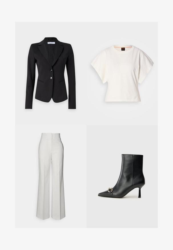 Fekete blézer, lekerekített gallérral, két gombbal elöl, és két oldalsó zsebbel. Testhez simuló szabás, sima anyaggal és finoman textúrázott béléssel.; Fehér, rövid, bő ujjú, crop szabású póló, puha pamut anyagból, kerek nyakkivágással, finom narancssárga díszítéssel, minimalista dizájn, minta vagy grafika nélkül.; Széles szárú, fehér nadrág magas derékkal, sima anyagból készült, elöl gyűrődési részletekkel és letisztult vonalakkal.; Fekete bőr bokacsizma hegyes orral, vékony közép magasságú sarokkal és ezüst csattal az oldalon, sima háttér előtt.