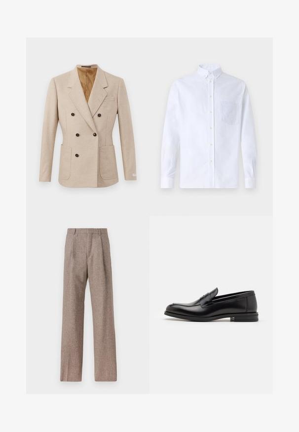 Beżowa marynarka dwurzędowa z teksturowanej tkaniny, z dwoma przednimi kieszeniami i brązowymi guzikami, z jasnobrązową podszewką i klapami w stylu notch.; Biała koszula z długim rękawem na guziki, wykonana z bawełny, z kieszonką na piersi z tonowym haftem, kołnierzykiem i zapięciem na guziki przy mankietach.; Brązowe, wysokiej talii spodnie wykonane z teksturowanej tkaniny. Posiadają szerokie nogawki i dwa przednie zakładki dla lepszej struktury. Starannie wykończone, bez widocznych elementów metalowych.; Czarne skórzane mokasyny o gładkiej fakturze, zaokrąglonym nosku i dekoracyjnym pasku na przodzie. Niski, warstwowy obcas, minimalistyczny design.