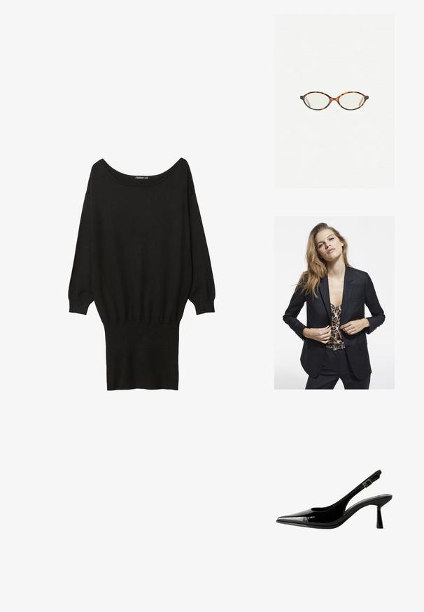 Czarna marynarka o dopasowanym kroju, z pojedynczą kieszenią, zestawiona z bluzką w panterkę. Gładki materiał i wyrafinowany fason.; Czarny oversized sweter z szerokim dekoltem w łódkę, długimi rękawami, prążkowanymi mankietami i dopasowanym dolnym brzegiem, wykonany z miękkiego, teksturowanego materiału.; Czarne lakierowane pantofle na obcasie typu slingback z ostrym noskiem, wyciętymi bokami, regulowanym paskiem na kostce i cienkim, smukłym obcasem.; Okulary w kolorze tortoiseshell z owalnymi soczewkami i gładkim, eleganckim wykończeniem. Posiadają cienkie boki z delikatnym łukiem w okolicy skroni. Przezroczyste soczewki.