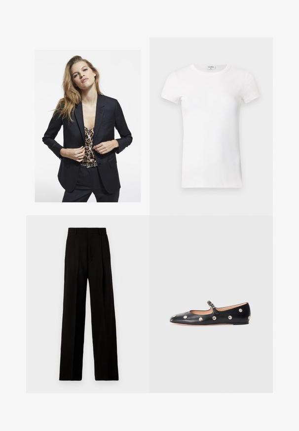 Črn blazer s prilegajočim krojem, enim žepom, v kombinaciji z majico v leopardjem vzorcu. Gladek material in strukturirana zasnova.; Bela rebrasta majica s kratkimi rokavi in okroglo ovratnikom. Tkanina se zdi gladka z oprijetim silhueto. Oznaka blagovne znamke vidna na ovratniku.; Črne široke hlače iz gladkega materiala, z visokim pasom, sprednjimi pregibi in brez okrasnih elementov v čistem, prirejenem dizajnu.; Črne usnjene Mary Jane balerinke z zaobljenim noskom, opremljene z zlatimi krožnimi mošnjo in nastavljivim trakom z zaponko.