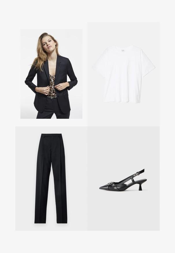 Černý blazer s přizpůsobeným střihem, s jednou kapsou, v kombinaci s topem s leopardím potiskem. Hladký materiál a strukturovaný design.; Bílý bavlněný tričko s krátkým rukávem, kulatým výstřihem, volným střihem a šitým lemem. Nálepka viditelná na vnitřní straně výstřihu.; Černé kalhoty vyrobené z hladké tkaniny, vybavené vysokým pasem, širokými nohavicemi, předními záhyby a klasickými poutky na opasek. Nejsou viditelné boční kapsy.; Černé kožené slingback boty s špičatou špičkou, dekorativními pásky s kovovými očky a nízkým blokovým podpatkem. Texturovaný povrch.