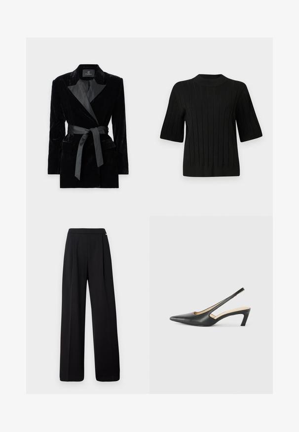 Melnas samta žaketes ar satīna apkakli, garām piedurknēm, priekšējām kabatām un saistītu jostu jostasvietā. Gluda tekstūra un izsmalcināts dizains.; Melnas īsajām piedurknēm adīta džemperis ar ribota tekstūra un augstu apkakli, ar vertikālām līnijām un pieguļošu siluetu.; Melnas platās bikses, izgatavotas no gludas auduma, ar vienkāršu dizainu un elastīgu jostu, bez redzamām rakstām vai akcentiem.; Melna, ar smailu purngalu, slingback kurpe ar zemu papēdi, izgatavota no gludas ādas materiāla un ar izgriezumiem sānos gaisa caurlaidībai.