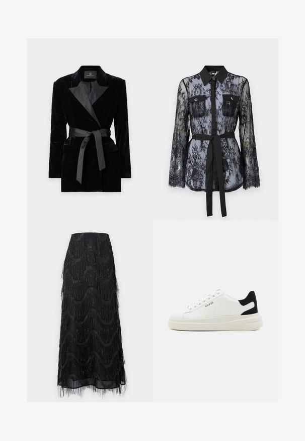 Sacou negru din catifea, cu guler din satin, mâneci lungi, buzunare frontale și o curea legată în talie. Textură fină și design croit.; Bluză din dantelă neagră, cu mâneci lungi, buzunare la piept cu nasturi, guler clasic și o curea din țesătură legată în talie. Design transparent.; Fustă midi neagră, cu franjuri stratificați și modele în formă de val. Fabricată din material transparent, cu accente strălucitoare pe margini.; Adidași din piele albă cu o talpă groasă albă, accent de călcâi din suede negru și logo embosat pe lateral. Design cu șireturi și șase orificii.