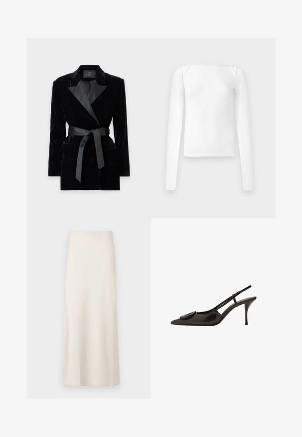 Čierny zamatový blejzer so saténovým šálovým golierom, dlhými rukávmi, prednými vreckami a opaskom na uviazanie v páse. Hladká štruktúra a strihový dizajn.; Biely top s dlhým rukávom a štvorcovým výstrihom, vyrobený z hladkej látky, s priliehavým strihom a bezšvovými akcentmi na pleciach.; Krémová midi sukňa s hladkým, saténovým povrchom a rovný strih. Bez viditeľných vzorov alebo ozdôb.; Čierne lakované slingback topánky s prednou časťou do špica, minimalistický dizajn, malý obľúkový akcent na nártovej časti a štíhla podpätok.