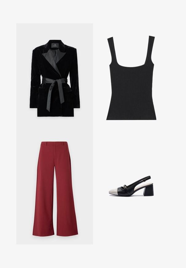 Blazer de veludo preto com colarinho de cetim, mangas longas, bolsos frontais e um cinto atado na cintura. Textura suave e design ajustado.; Top de alças pretas com decote quadrado e alças finas e ajustáveis. O tecido apresenta um padrão texturizado e um design ajustado.; Calças de perna larga numa cor bordeaux profunda. Feitas de um tecido liso e elástico, com costuras bem ajustadas e fecho de zip na frente.; Sapato slingback com parte superior em couro preto, biqueira em couro sintético branco, salto bloco de 6,5 cm e tira ajustável no tornozelo.
