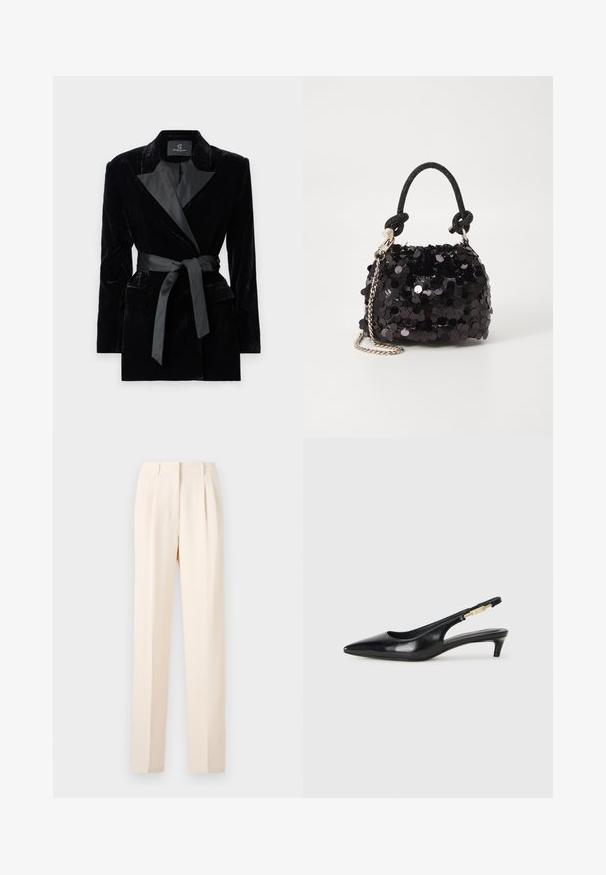 Black velvet blazer with satin shawl collar, long sleeves, front pockets, and a tied belt at the waist. Smooth texture and tailored design.; White cropped t-shirt made of smooth cotton, featuring a high neckline and short sleeves. Small embroidered logo in the bottom corner.; Beige tailored trousers with pleats, featuring a straight cut and smooth texture. The waistband is clean with no visible hardware.; Black leather slingback heels with a pointed toe, featuring a slim heel and a gold-tone accent on the adjustable strap. Smooth texture.; Black sequin mini handbag with a knotted textured strap and silver chain. Rounded shape with gathered top and reflective detailing.