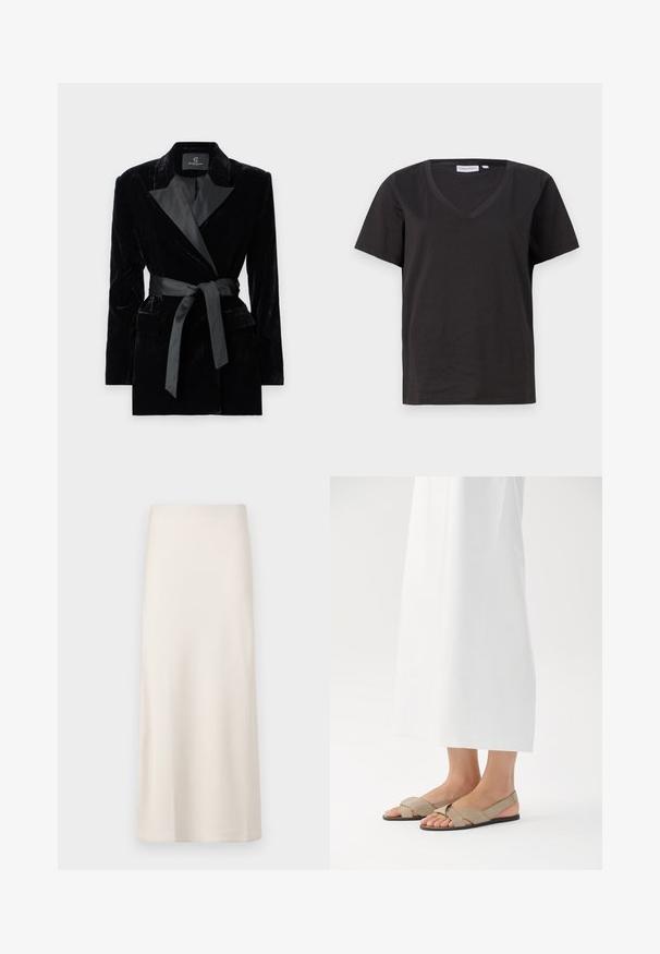 Crni baršunasti blejzer sa satenima šalom, dugim rukavima, prednjim džepovima i vezanom trakom u struku. Glatka tekstura i krojena izrada.; Crni pamučni T-shirt s V-izrezom i kratkim rukavima. Jednostavan dizajn s regularnom krojem i bez uzoraka ili akcenta.; Kremasto obojena suknja midi dužine s glatkom, satinastom teksturom i ravnim krojem. Bez vidljivih uzoraka ili ukrasa.; Bež kožne sandale s dizajnom križne trake i crnim potplatom, s otvorenim prstima i stilom s remenom oko pete. Postavljene na bijeloj pozadini.