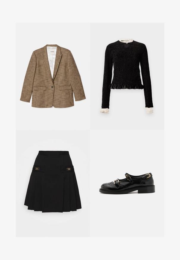 Rudas langeliu švarkas su dviem priekinėmis kišenėmis, vieno mygtuko uždarymu, smailiais apykaklėmis ir tekstūrinio audinio raštu. Su pamušalu viduje.; Juodas ilgomis rankovėmis viršus su tekstūruotu audiniu, raukiniais apatinėje dalyje ir baltais raukiniais prie apykaklės ir rankogalių. Yra centrinis užsegimas su kilpele.; Juoda klostuota sijonas su auksiniais akcentais. Yra šoninės kišenės su logotipo detalėmis, pagamintas iš lygaus audinio. A formos siluetas.; Juodi odiniai batai su brogučių detalėmis, turintys dvi sagtis, apvalų nosį ir žemą kulną. Lygus paviršius su blizgiu finišu.