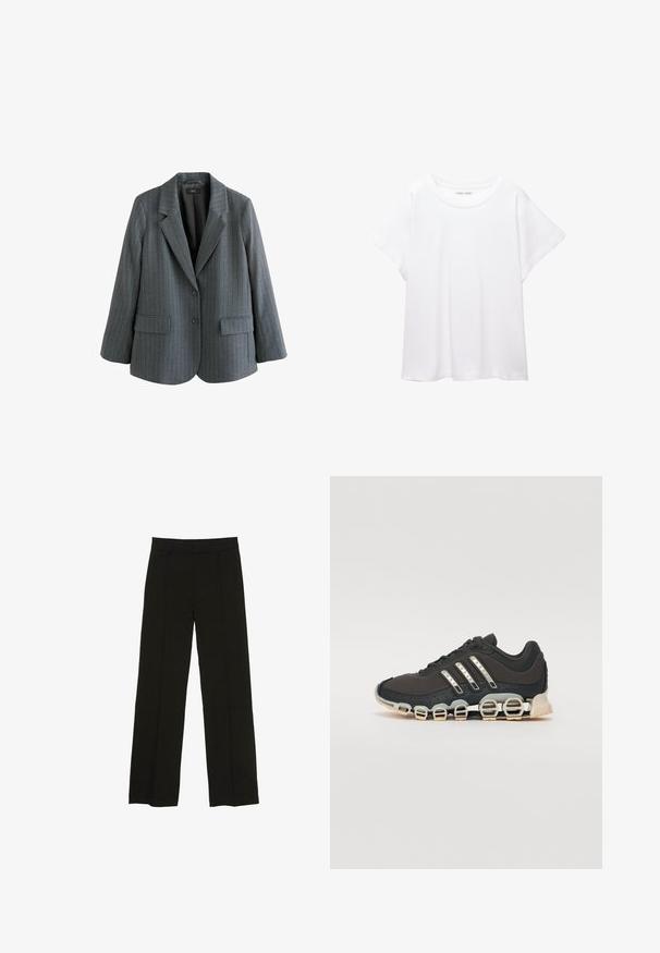 Grijze gestreepte blazer gemaakt van textuurstof, met een geknipte revers, twee voorzakken en een enkele knoopsluiting.; Witte T-shirt van zacht, lichtgewicht stof. Heeft een ronde halslijn en korte, brede mouwen met een ontspannen pasvorm. Geen zichtbare patronen.; Zwarte wijde pantalon gemaakt van een soepele stof, met een aansluitende tailleband en subtiele plooien aan de voorkant voor extra textuur.; Zwarte sportschoen met een gestructureerde bovenkant, drie zilveren strepen en een kenmerkende dempingszool met meerdere geïntegreerde secties.