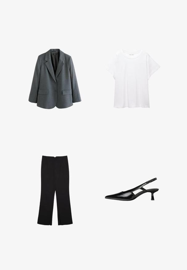 Blazer grigio a righe sottili realizzato in tessuto testurizzato, con revers a punta, due tasche frontali e chiusura con un bottone.; T-shirt bianco realizzato in un tessuto morbido e leggero. Presenta un collo rotondo e maniche corte e larghe con vestibilità morbida. Nessun motivo visibile.; Pantaloni neri a gamba dritta, con tasche frontali e spacchi laterali all'orlo. Realizzati in tessuto morbido e liscio. Adatti a diverse occasioni.; Tacchi slingback in pelle verniciata nera con punta affusolata, design con tagli laterali e tacco quadrato piccolo. Texture liscia con dettagli minimi.