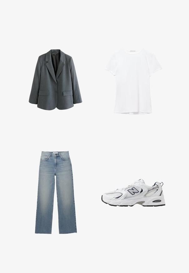 Grau gestreifter Blazer aus strukturiertem Stoff, mit Reverskragen, zwei vorderen Taschen und einer einzelnen Knopfverschluss.; Weißes T-Shirt mit kurzen Ärmeln aus glatter Stoffqualität, mit rundem Ausschnitt und dezenten Nähten am Saum.; Helle blaue weit geschnittene Jeans aus Denim mit hoher Taille, vorderen Taschen und einem Knopfverschluss. Glatte Textur mit ausgewaschenen Stellen.; Weißer Sportschuh mit Mesh-Obermaterial, navyblauen Akzenten und gepolsterter Sohle. Verfügt über das "N"-Logo, Schnürsenkel und eine strukturierte Detailverarbeitung an der Seite.