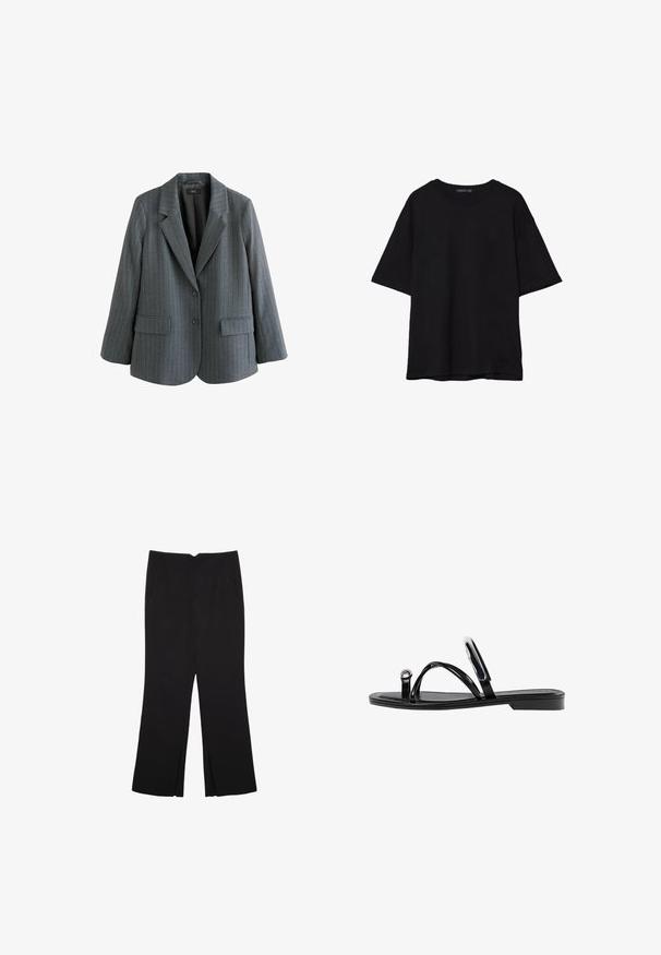 Harmaa viivallinen bleiseri, joka on valmistettu teksturoidusta kankaasta. Siinä on sakara kaulus, kaksi etutaskua ja yksi napin suljenta.; Musta puuvillainen t-paita, jossa on rento leikkaus, lyhyet hihat, pyöreä pääntie ja sileä rakenne. Ei näkyviä kuvioita tai yksityiskohtia.; Mustat housut suoralinjaisella leikkauksella, joissa on etutaskut ja sivurei'ät helman alla. Valmistettu pehmeästä ja sileästä kankaasta. Sopii eri tilaisuuksiin.; Mustat litteät sandaalit, joissa on kiiltävä pinta, kolme ohutta hihnaa ja pyöreä metalliosuus varpaissa. Tyylikäs muotoilu, jossa on minimaalinen kantapää.