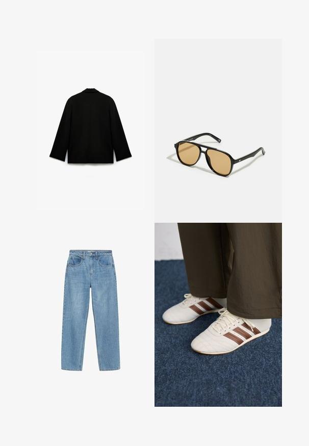 Black jacket with a smooth, matte texture. Features a notched collar, long sleeves, and a straight cut with a clean back design. No visible fastenings.; Black knitted sweater with a high, ribbed turtleneck and dropped shoulders. Features a relaxed, boxy fit and ribbed cuffs and hem.; Light blue denim jeans with a straight cut, high waist, two front pockets, and a classic button closure. Subtle fading and no embellishments.; White sneakers with brown stripes worn with brown pants on blue carpeted floor.; Black sunglasses with brown tinted lenses; rectangular shape with a thick frame, including subtle hardware accents on the temples.; Black faux leather handbag with a unique crescent shape, a wide, padded handle, and a zip closure. Smooth, glossy texture, minimalistic design.