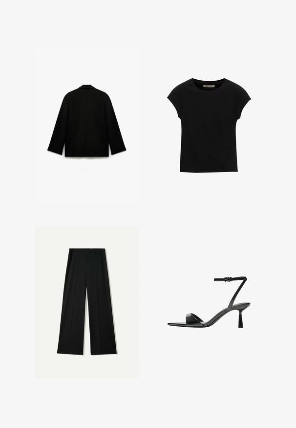 Zwarte jas met een gladde, matte textuur. Beschikt over een geknipte kraag, lange mouwen en een rechte snit met een schone achterkant. Geen zichtbare sluitingen.; Zwarte korte mouwen t-shirt gemaakt van zachte stof, met een ronde halslijn en een ontspannen pasvorm, met een gladde textuur en zonder patronen.; Bershka WIDE - Broek - black; Bershka Sandalen met hoge hak - black