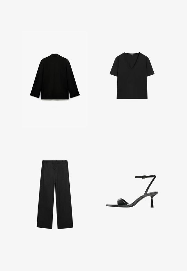 Sort jakke med en glat, mat tekstur. Har en spids krave, lange ærmer og en lige snit med et rent bagsidedesign. Ingen synlige lukninger.; Sort kortærmet V-hals T-shirt med et simpelt, tætsiddende design på en hvid baggrund.; Bredde ben sorte bukser lavet af en bomuldsblanding, med en glat tekstur, frontlommer og minimale syninger.; Bershka Højhælede sandaletter / Højhælede sandaler - black