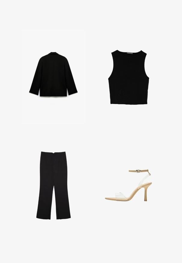 Black jacket with a smooth, matte texture. Features a notched collar, long sleeves, and a straight cut with a clean back design. No visible fastenings.; Black sleeveless crop top made of smooth fabric, featuring a round neck and a clean, simple design without patterns or hardware.; Black trousers with a straight fit, featuring front pockets and side slits at the hem. Made of soft, smooth fabric. Suitable for various occasions.; Clear heeled sandal with a transparent upper, beige footbed, and a slender ankle strap. Features a pointed toe and a thin high heel.