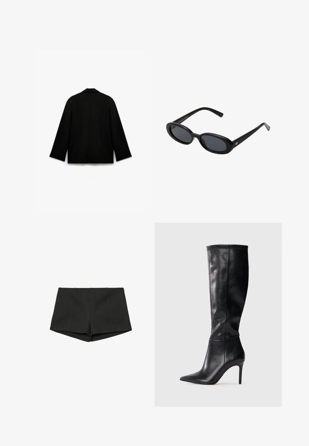 Sort jakke med en glat, mat tekstur. Har en spids krave, lange ærmer og en lige snit med et rent bagsidedesign. Ingen synlige lukninger.; Sort bodysuit med lange gennemsigtige ærmer, draperet stof foran og en tætsiddende nederdel. Glat tekstur med en kropsnær silhuet.; Sorte shorts lavet af struktureret stof, med en høj talje og en tætsiddende pasform med sømme foran. Ingen lommer eller fastgøringer synlige.; Knæhøje sorte læderstøvler med spids tå og stiletto-hæl, der har en glat overflade og et minimalistisk design uden synlige decorationer.; Store store; Sort læder skuldertaske med en buet silhuet, der har en guld kædestrop og en glat, blank finish.