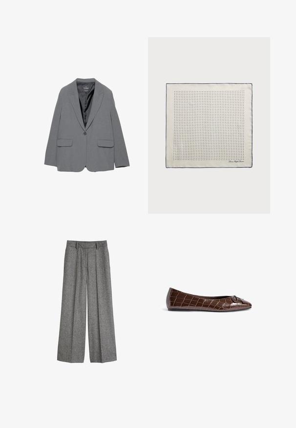 Siv blazer z zareznim ovratnikom, enojnim gumbom, dvema sprednjima žepoma in gladkim notranjim oblačilom. Oblika je prilagojena in strukturirana.; Kremna pulover z nitmi s pletenico, dolge rokave in okroglo ovratnico, z manjšim izvezenim logotipom na levem prsnem delu.; Sive volnene hlače širokega kroja z zankami za pas in sprednjimi naborki, zasnovane za sproščen, prilagojen fit.; Rjavi lakirani baletni čevelj s krokodiljim vzorcem in dekorativno pentljo na prstih. Gladka tekstura in koničast oblik.; Svila šal v kremni barvi z mornarsko modrim robom, na katerem so enakomerno razporejene mornarsko modre pikice, ki tvorijo vzorec. V kotu je podpis natisnjen.