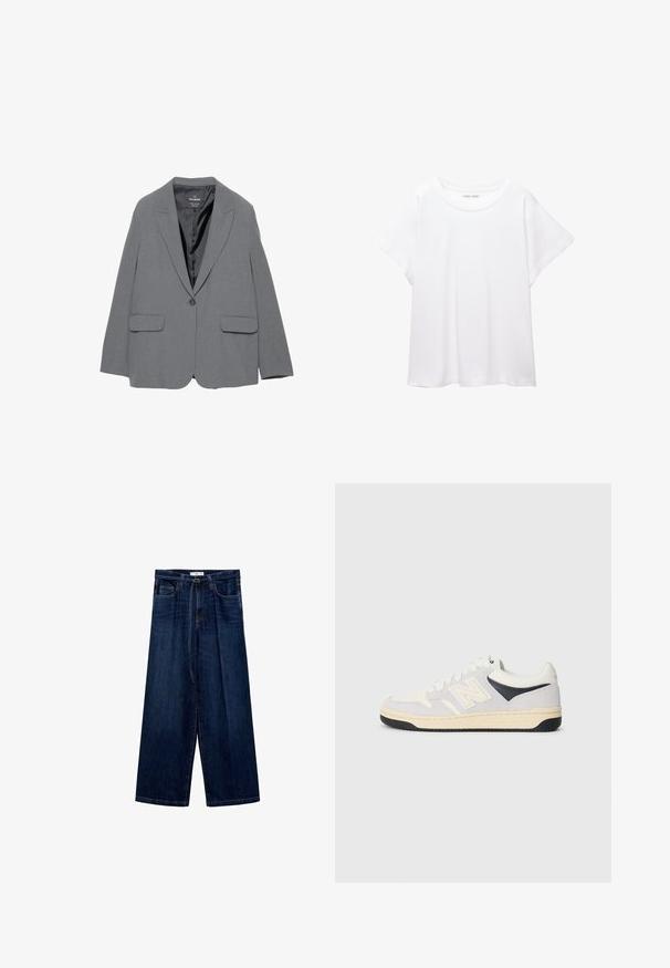 Šedý blazer s klopou, zapínaním na jeden gombík, dvoma prednými vreckami a hladkým vnútorným podšívkou. Strihovaný dizajn so štruktúrovaným tvarom.; Biele tričko vyrobené z mäkkého, ľahkého materiálu. Má okrúhly výstrih a krátke, široké rukávy s uvoľneným strihom. Bez viditeľných vzorov.; Široké tmavomodré denimové džínsy s vysokým pásom, viditeľnými vreckami a zipsom. Tkanina má hladkú textúru a jemný lesk.; Športové tenisky v bielej, sivej a čiernej farbe. Obsahujú nubukové a textilné materiály, perforovaný špičky a logo na boku. Gumená podrážka.
