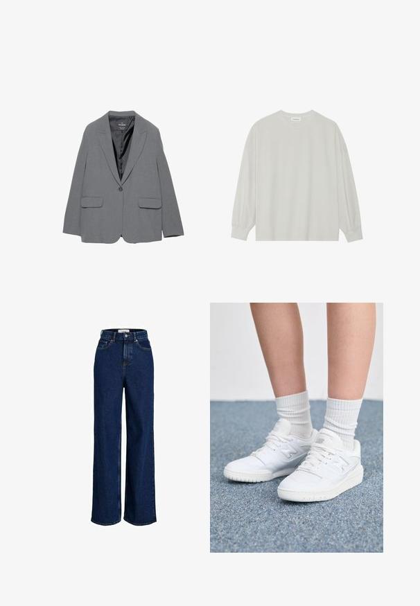 Grå blazer med spidse klapper, enkelt knaplukning, to forlommer og en glat inderside. Skræddersyet design med en struktureret form.; Lys grå langærmet t-shirt lavet af blød bomuld. Har en løs pasform, rund halsudskæring og let indsamlede manchetter. Ingen mønstre eller grafikker.; Højtaljede, mørkeblå denimjeans med bred ben, frontknap og fem-lomme design.; Hvide atletiske sneakers med en glat læderoverdel, teksturerede accenter og en gummisål. Parret med ribbede hvide sokker.