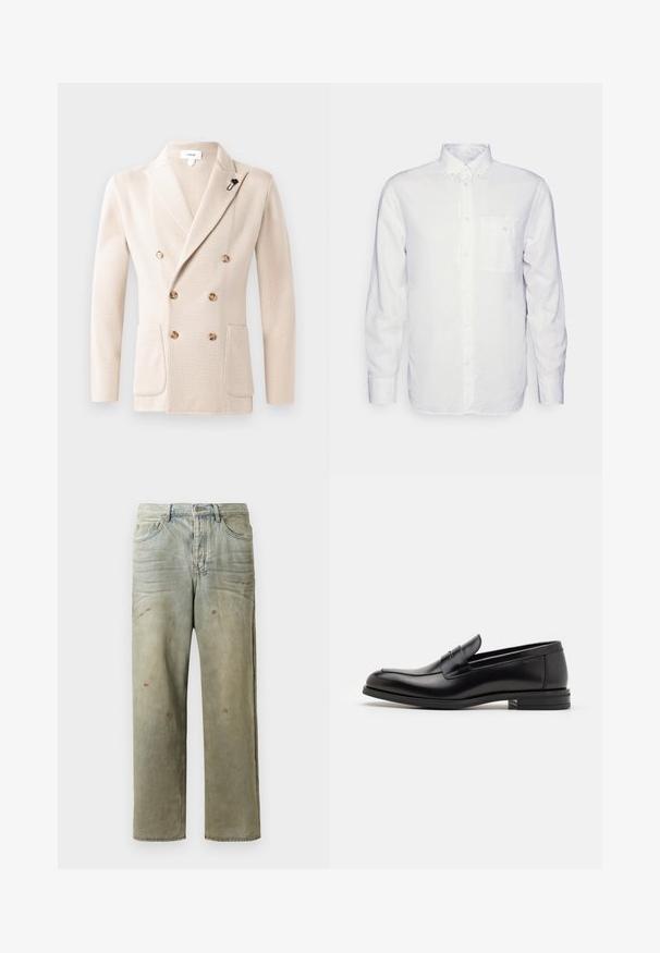 Beige dobbeltradet blazer i tekstureret stof med to forlommer og runde knapper. Inkluderer en sort blomsterbroche på kraven.; Langærmet hvid skjorte lavet af bomuld, med en knap-down krave, brystlomme og almindelig pasform. Struktureret stof med en glat overflade.; Slidte denimjeans i lysegrøn med lige ben, femlommerdesign og ujævn falming med malersplatter.; Sorte læderloafers med en glat overflade, rund tå og en dekorativ strop over vampen. Lav hæl med stabeldesign, minimalistisk stil.