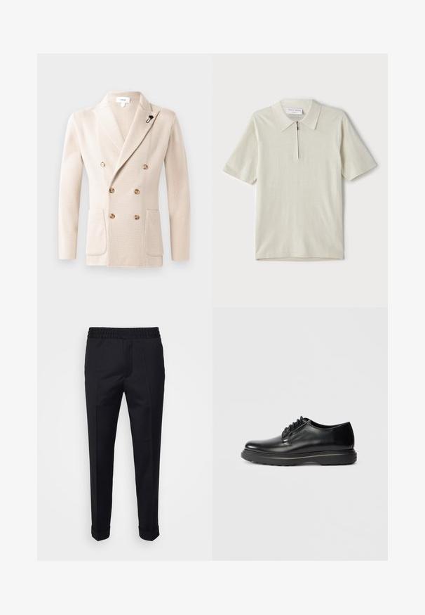 Beige zweireiher Blazer aus strukturiertem Material, mit zwei Fronttaschen und runden Knöpfen. Mit einer schwarzen Blumenbrosche am Kragen.; Kurzärmliges Poloshirt in hellbeige mit Reißverschlusskragen. Hergestellt aus glattem Stoff, bietet es ein einfaches, modernes Design ohne Muster.; Schwarze Hosen aus leichtem Stoff, mit einem elastischen Bund, seitlichen Taschen und aufgerollten Säumen. Glatte Textur mit vorderen Falten.; Schwarze Leder Schnür-Oxford-Schuhe mit dicker Sohle und "WATERMAN"-Prägung an der Seite, im Profil auf hellem grauen Hintergrund gezeigt.
