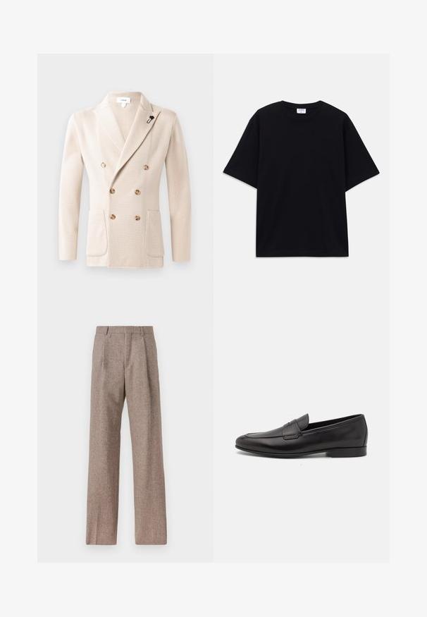 Beige dubbelzijdige blazer van gestructureerde stof, met twee voorzakken en ronde knopen. Inclusief een zwart bloemenpin op de kraag.; Zwarte oversized T-shirt met korte mouwen en ronde hals, met zichtbaar Filippa K merkelabel aan de binnenkant van de kraag.; Bruine, hooggewaisted broeken van een gestructureerde stof. Heeft wijde benen en twee voorplooien voor extra structuur. Net afgewerkt zonder zichtbare hardware.; Zwarte leren herenloafers met een lage hak en een klassiek pennystrap-ontwerp, getoond in zijaanzicht op een witte achtergrond.