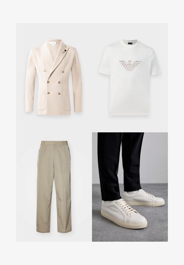 Beige dvojradový blazer z texturovanej tkaniny, so dvoma prednými vreckami a okrúhlymi gombíkmi. Obsahuje čiernu kvetinovú brošňu na golieri.; Biely bavlnený tričko s krátkymi rukávmi a okrúhlym výstrihom. Obsahuje centrálne logo v ružových a hnedých odtieňoch.; Béžové ľahké nohavice s voľným strihom, s elastickým pásom a bočnými vreckami. Tkanina vyzerá textúrovaná a mierne pokrčená.; Svetlo béžové kožené tenisky s plochými šnúrkami, textúrovaným povrchom a kontrastnou krémovou gumovou podrážkou, skombinované s čiernymi zúženými nohavicami.