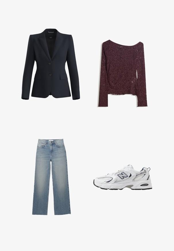 Tengerészkék zakó sima anyagból, bevágott hajtókával, két gombbal és két elöl található zsebbel, szabott szabású.; Csipkés, hosszú ujjú blúz sötét bordó színben, váll nélküli kivágással, virágmintával és enyhén áttetsző textúrával, egyenes szegéllyel.; Világoskék, bő szárú farmernadrág, magasan illeszkedő derékkal, elülső zsebekkel és gombos záródással. Sima textúra, fakó részekkel.; Fehér sportcipő hálós felsőrészével, sötétkék kiegészítőkkel és párnázott talppal. Jellemzője az "N" logó, a fűzők és a textúrázott részlet az oldalon.