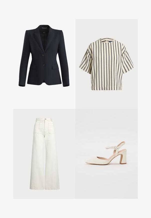 Tengerészkék zakó sima anyagból, bevágott hajtókával, két gombbal és két elöl található zsebbel, szabott szabású.; Rövid ujjú, csíkos felső krém és tengerészkék színben, kerek nyakkivágással és dobozos fazonnal, texturált anyagból.; Széles szárú farmernadrág off-white denim anyagból. Magas derekú dizájn, gombos záródással, két elülső zsebbel és kontrasztos varrási részletekkel.; Hegyes orrú, krémszínű magassarkú cipő, tömbsarkúval. Jellemzője egy vékony bokaheveder kerek csattal és sima bőrszerkezet.