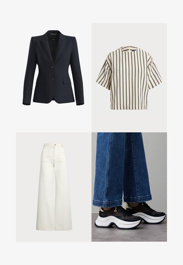 Granatowa marynarka z gładkiego materiału, z klapą z wycięciem, dwoma guzikami oraz dwoma przednimi kieszeniami o dopasowanym kroju.; Krótki rękaw, paskowana bluzka w kolorze kremowym i granatowym, z okrągłym dekoltem i pudełkowym krojem, wykonana z fakturowanej tkaniny.; Spodnie dżinsowe o szerokich nogawkach w odcieniu off-white. Wysoki stan z zapięciem na guzik, dwiema kieszeniami z przodu i detalami z kontrastowym przeszyciem.; Czarno-złote sneakersy z wygiętą białą podeszwą. Teksturowana tkanina z akcentami logo. Połączone z szerokimi niebieskimi spodniami dżinsowymi.
