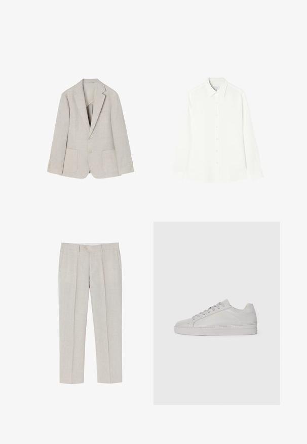 Lys beige linned blazer med spidse klapper, to forreste lommer, dobbeltknaplukning og fire-knaps detaljer på ærmerne.; Hvid langærmet skjorte lavet af en glat stof, med knaplukning fortil, klassisk krave og lige kant med afrundede sider.; Lyse beige linned bukser med lige ben, subtil tekstur, to frontlommer og en enkelt knaplukning i taljen.; Lys grå lædersneaker med en glat tekstur, afrundet tå, flad gummisål og tonede snørebånd. Har minimal branding i guld.